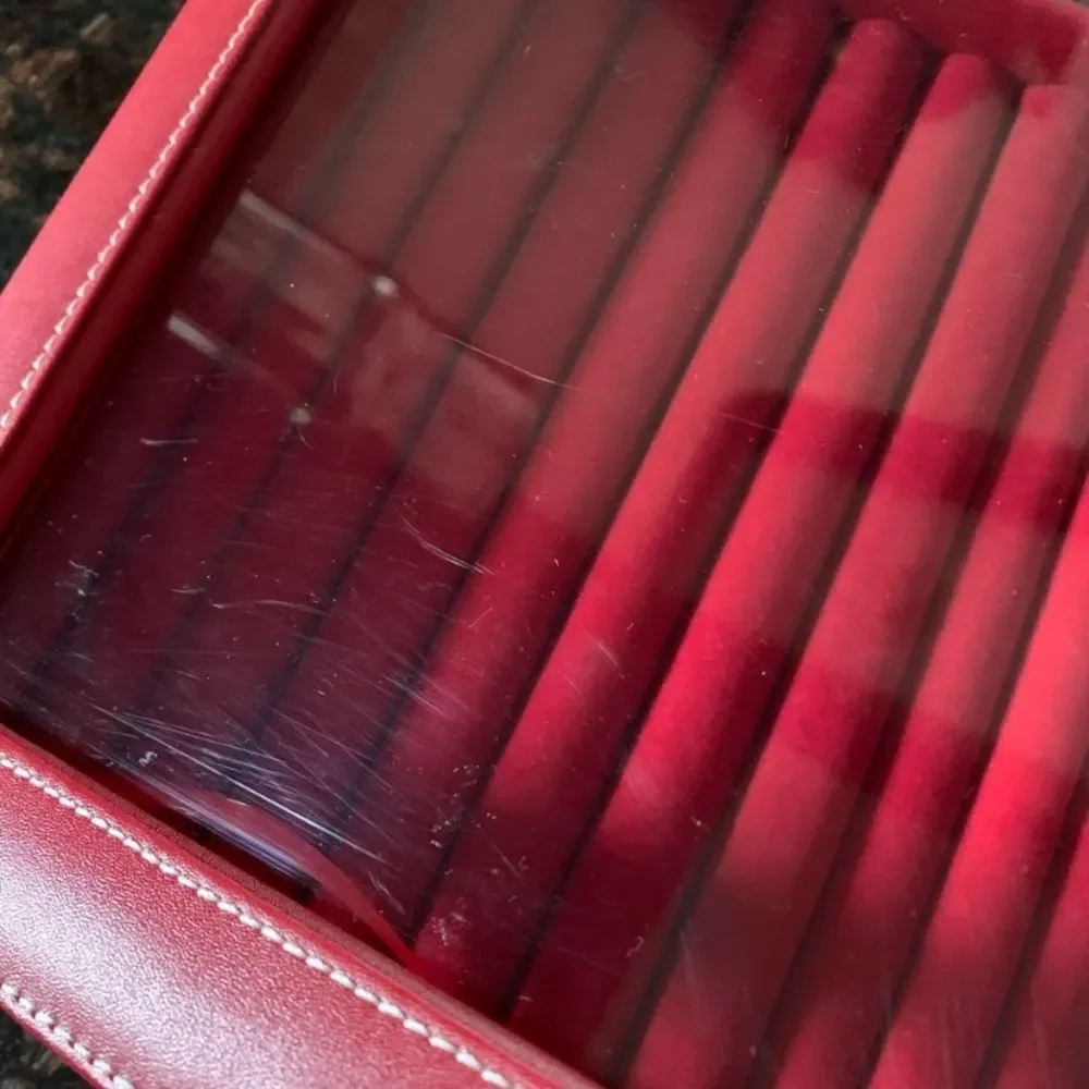 Jewelry red box, velour inside, vegan leather clear plastic screen, 9x9